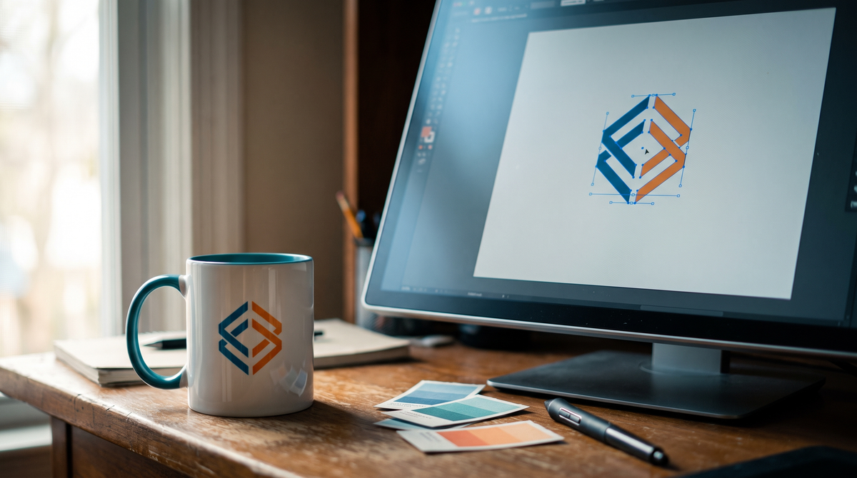 Bedruckte Tasse mit Beispiel-Logo vor einem Monitor, auf dem das Logo als Vektorgrafik bearbeitet wird