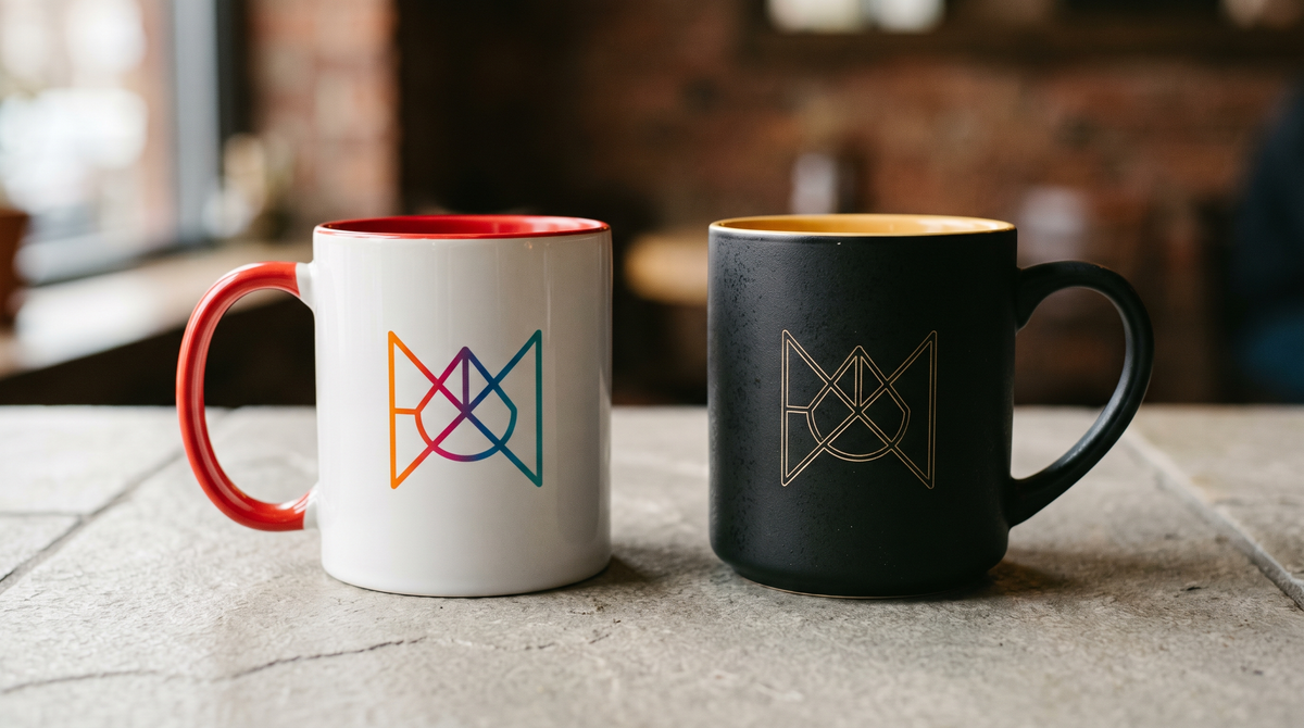 Weiße bedruckte Tasse mit buntem Logo neben schwarzer Tasse mit einfarbig graviertem Logo