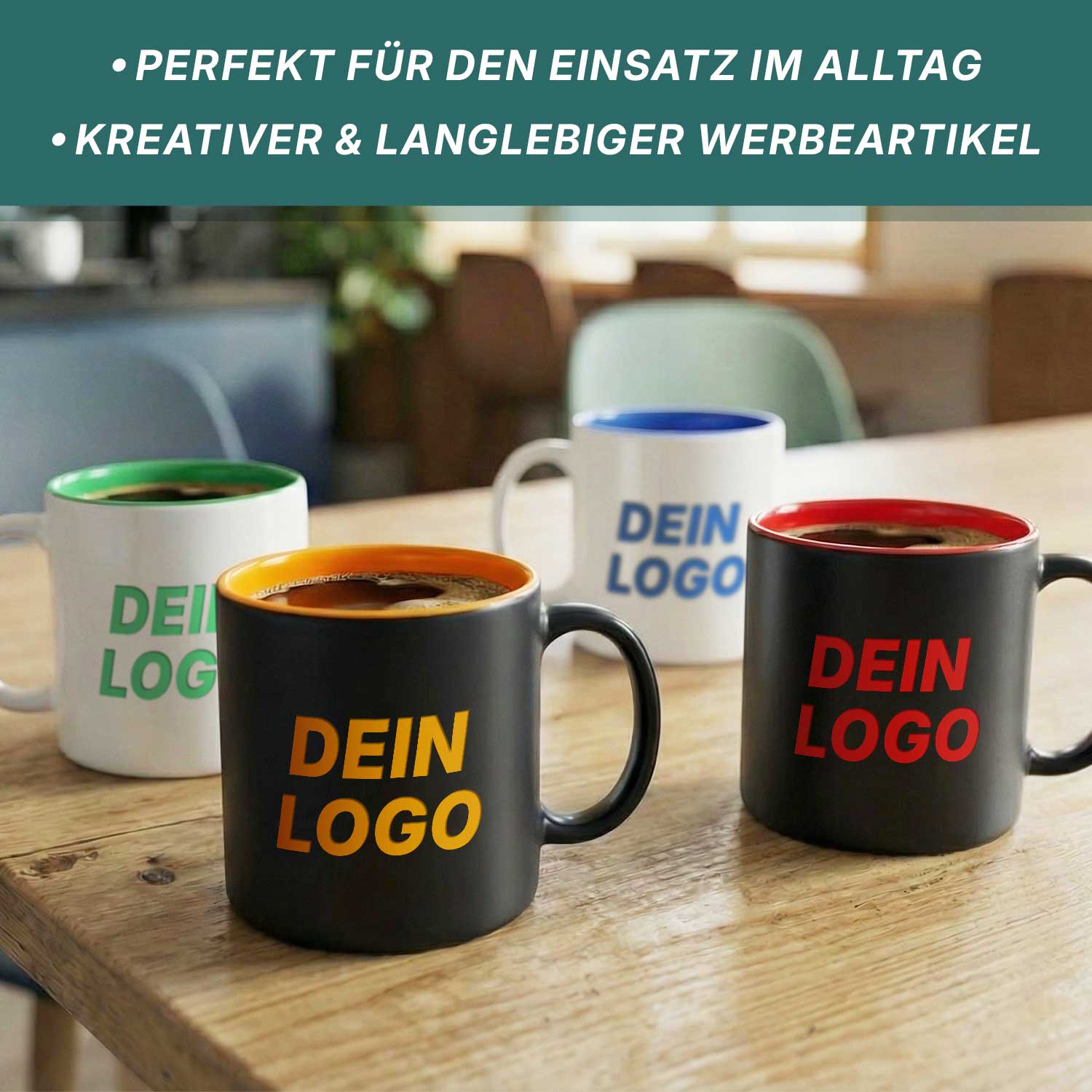 4 lasergravierte Tassen stehen auf einem Tisch. Es wird beschrieben, dass diese ein kreativer und langlebiger Werbeartikel sind. Ebenfalls Perfekt für den Einsatz in Alltag geeignet.