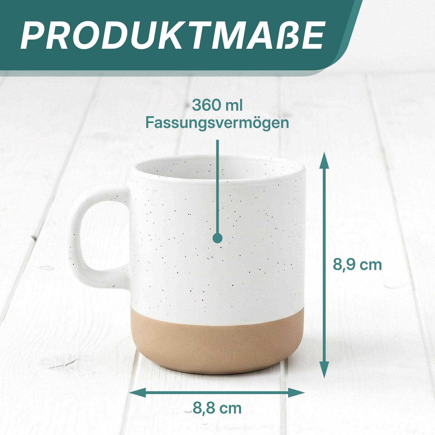 Produktmaße einer Steingut Tasse. 360ml Fassungsvermögen. 8,9 cm hoch und 8,8 cm breit.