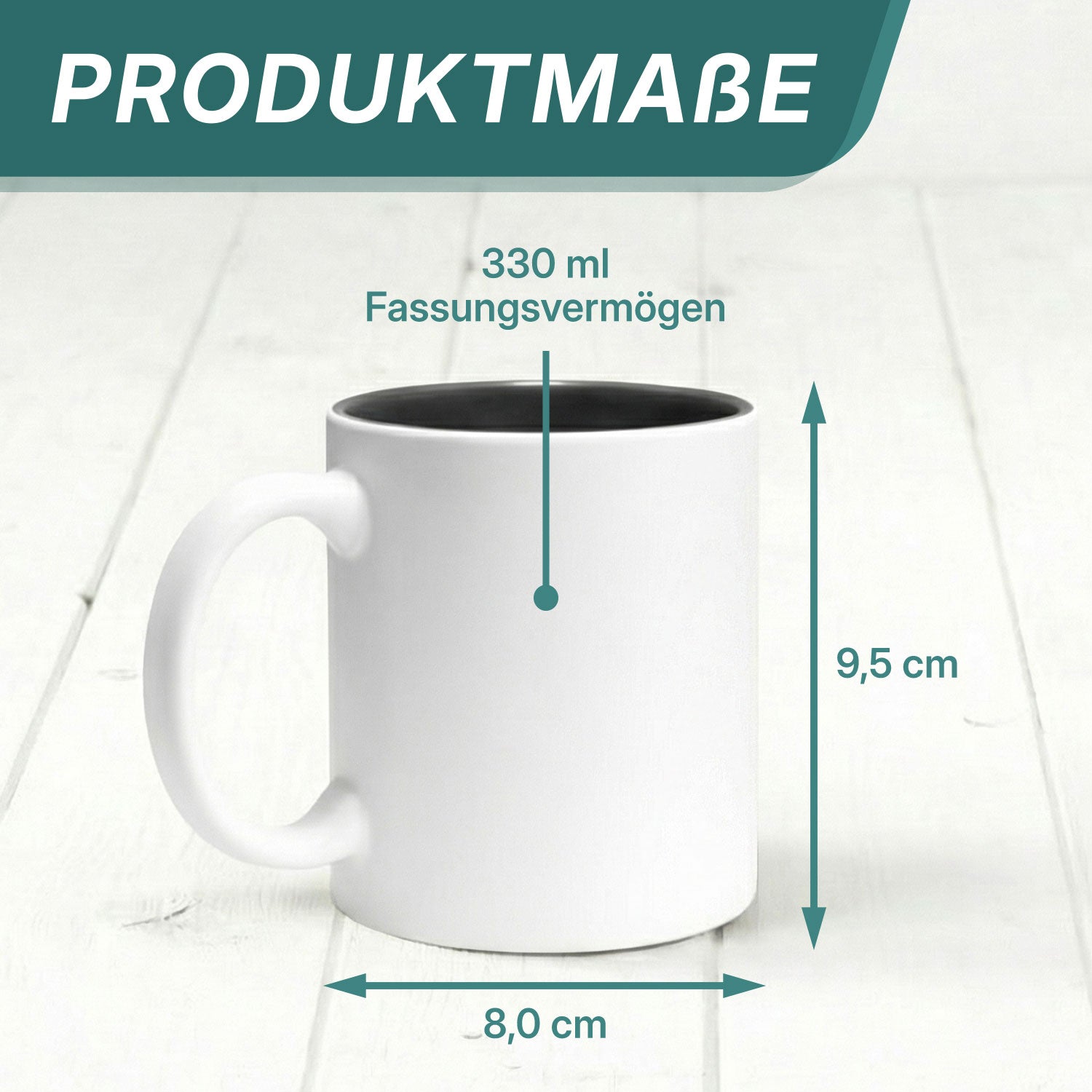 Produktmaße einer Lasergravurtasse. 330ml Fassungsvermögen. 9,5 cm hoch und 8 cm breit.