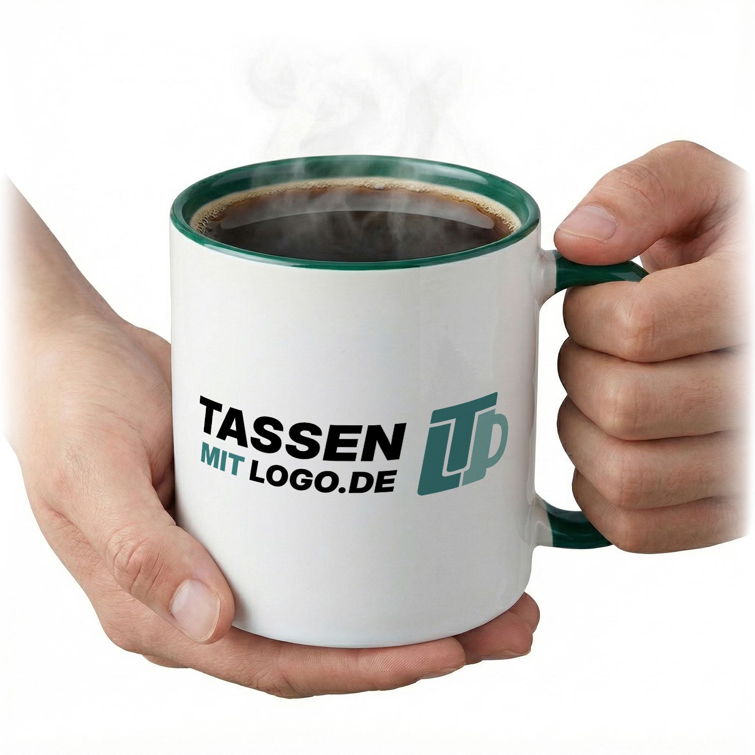 Bedruckte weiß grüne Tasse mit Tassenmitlogo.de Logo.