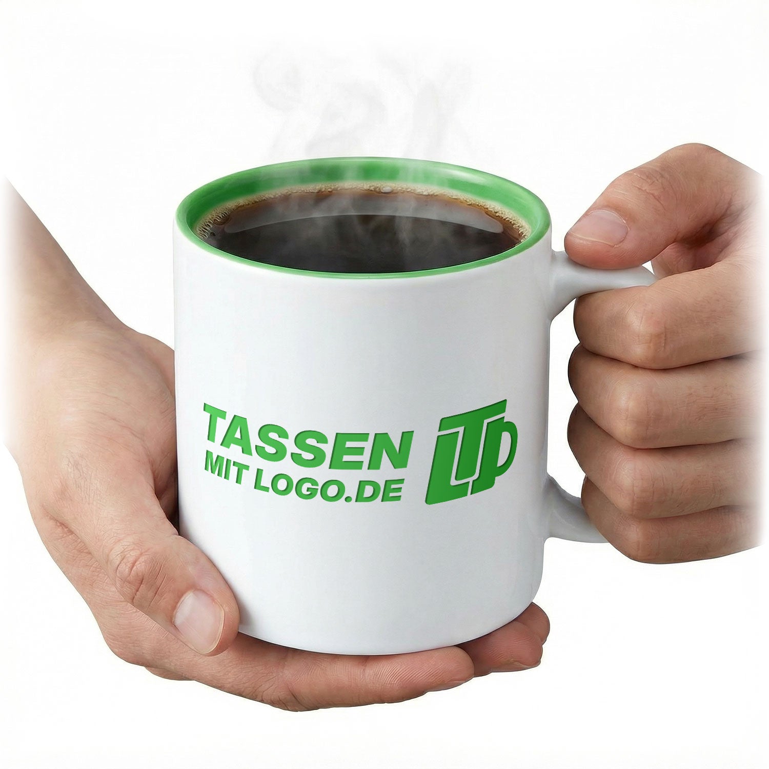 Lasergravierte weiß grüne Tasse mit Tassenmitlogo.de Logo.