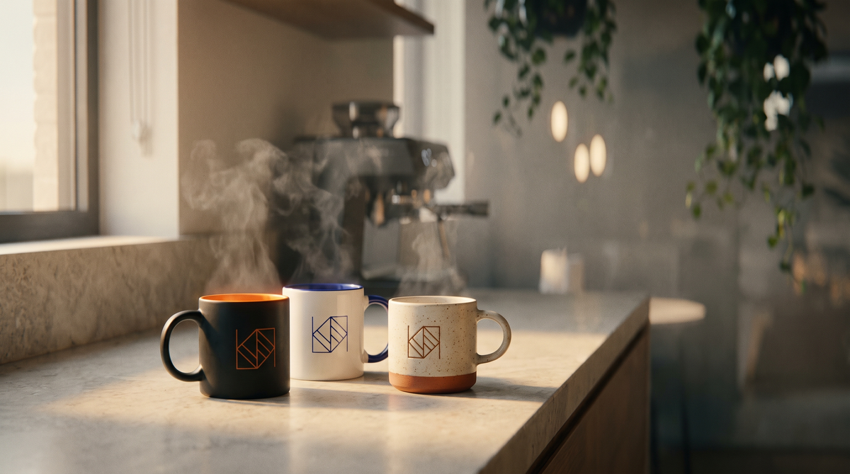 Schwarze, weiße und Steingut-Tasse mit graviertem Beispiel-Logo in einer Büroküche