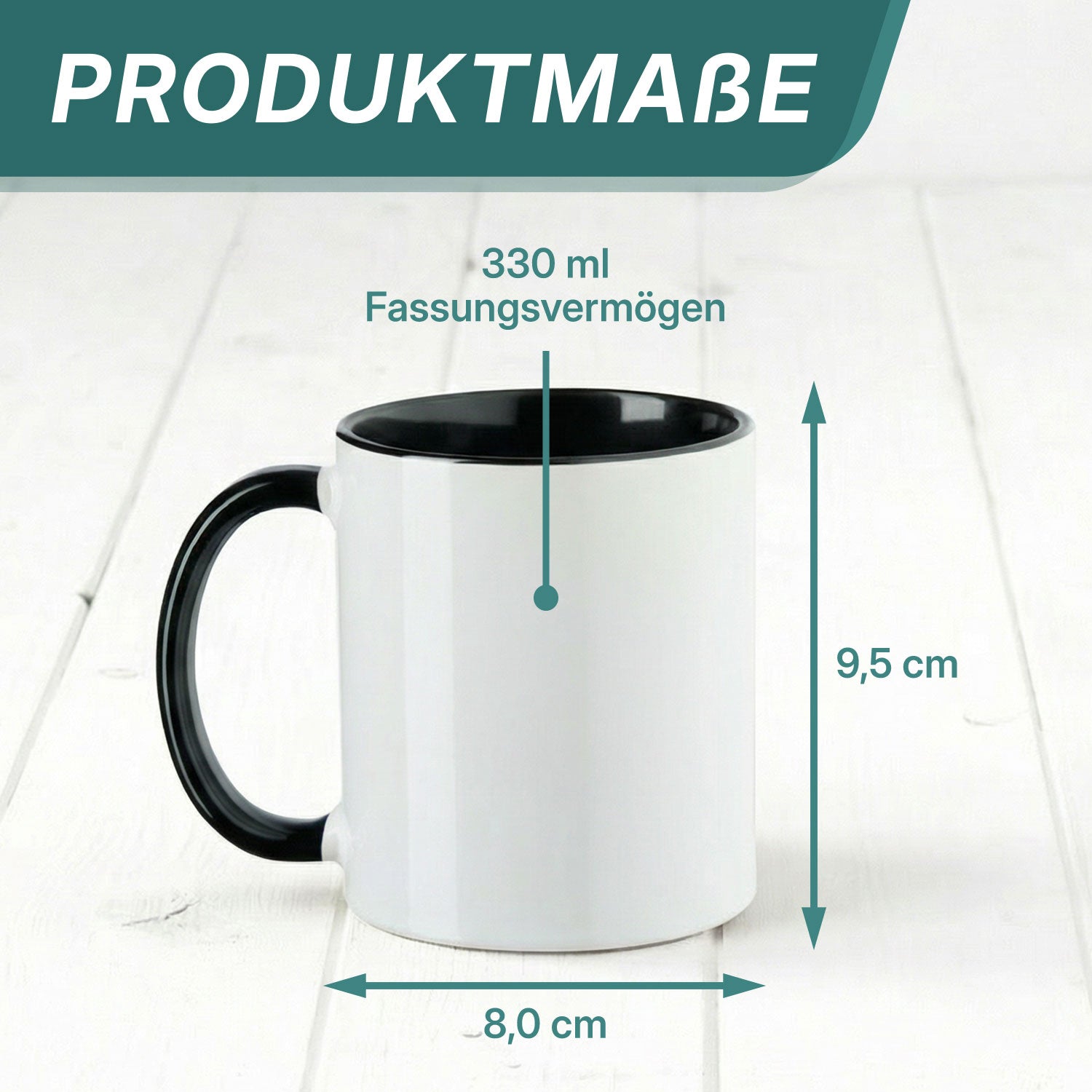 Produktmaße einer Bedruckbaren Tasse. 330ml Fassungsvermögen. 9,5 cm hoch und 8 cm breit.