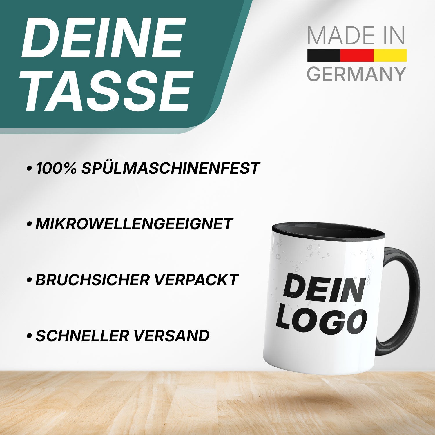 Bedruckbare Tasse. Eigenschaften wie 100% Spülmaschinenfest, mikrowellengeeignet, bruchsicher verpackt und schneller Versand.