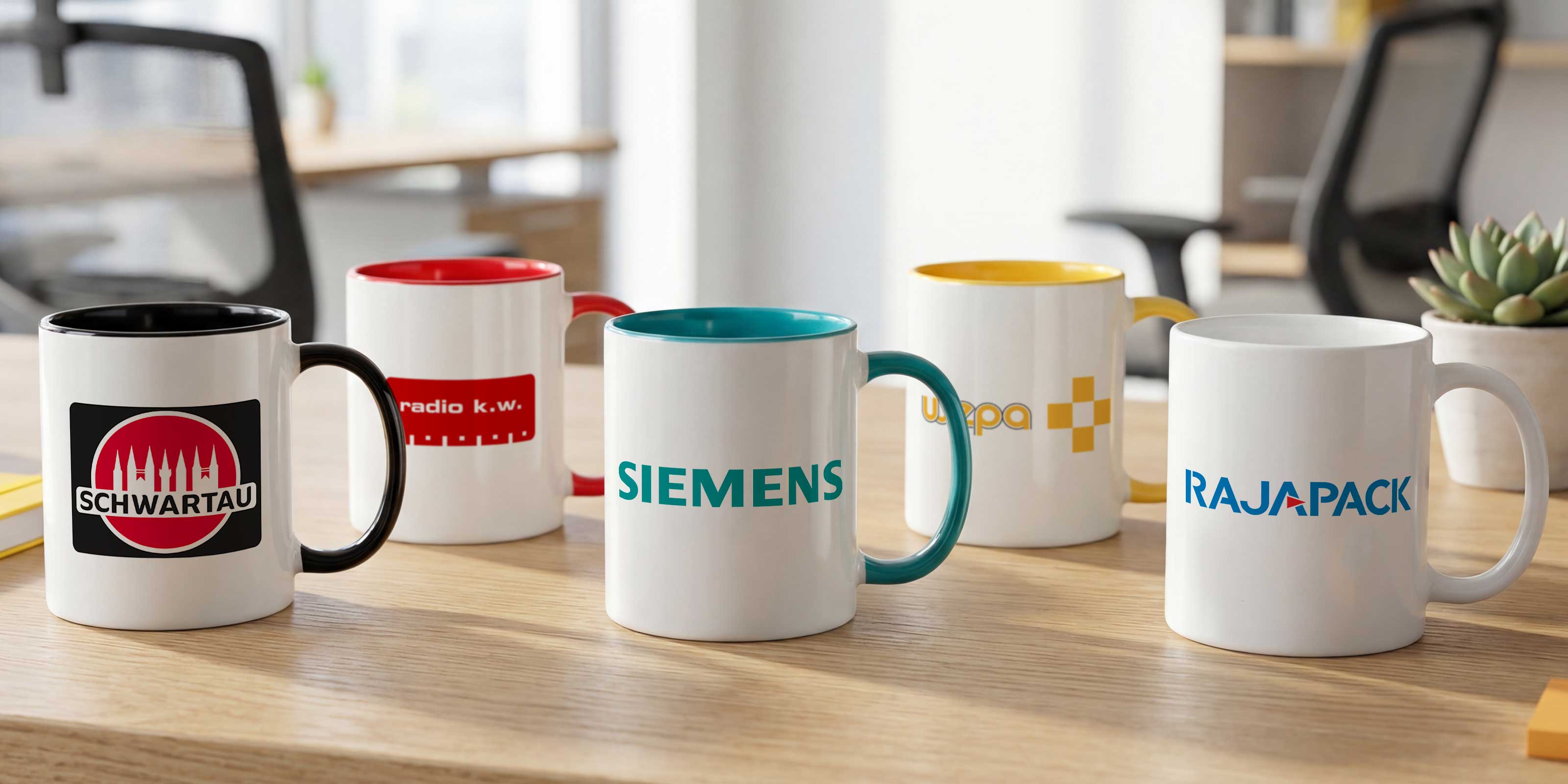 5 Tassen  mit bedruckten Logos der FIrmen Schwartau, Radio kw, Siemens, Wepa und Rajapack