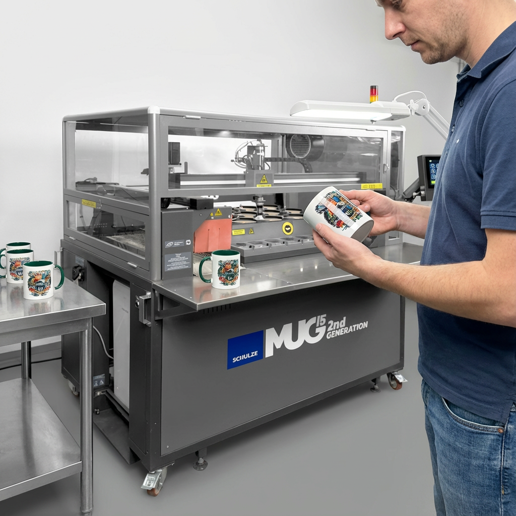 Ein Mitarbeiter führt eine Qualitätskontrolle an bedruckten Tassen durch