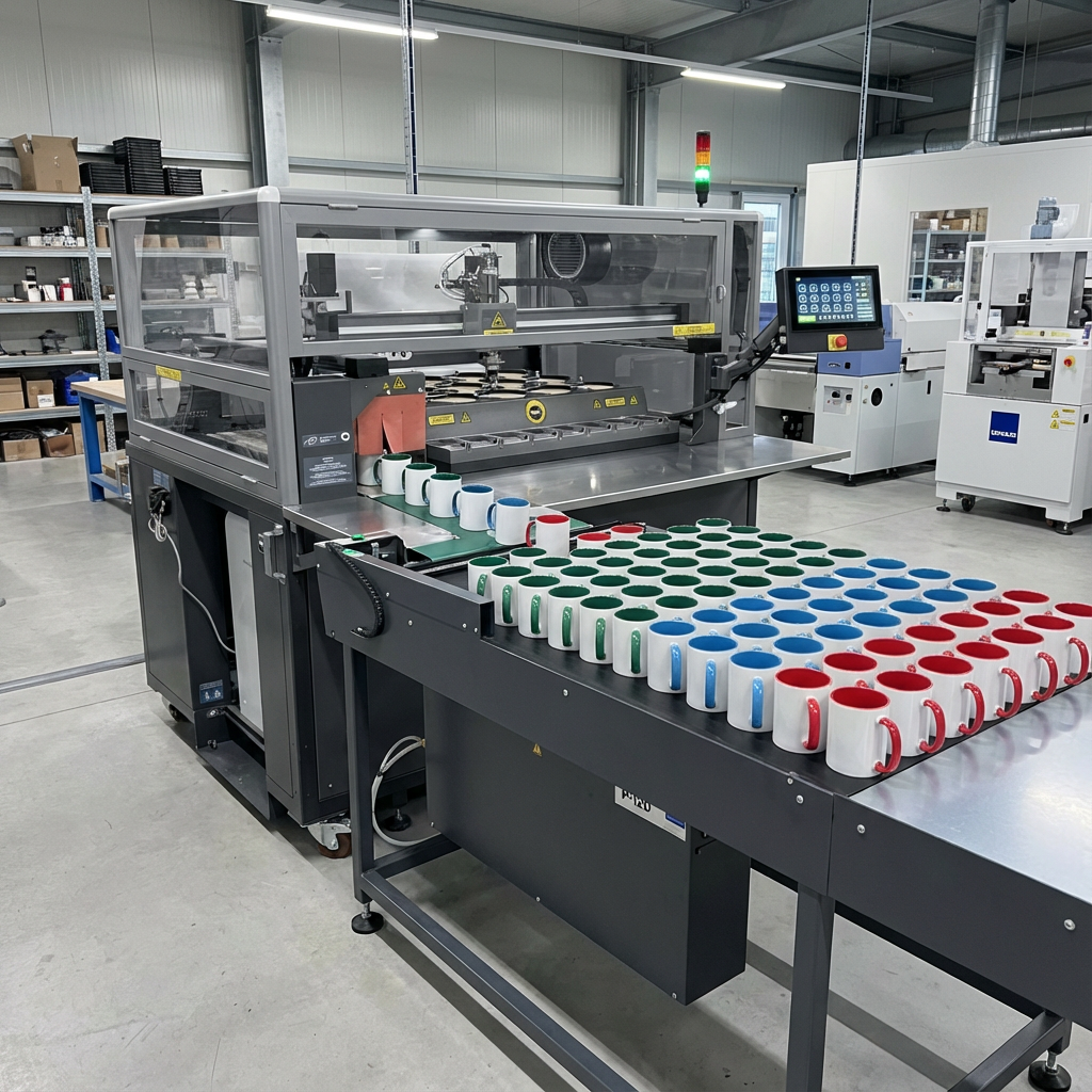 Tassendruckmaschine mit angebauter Ablagefläche