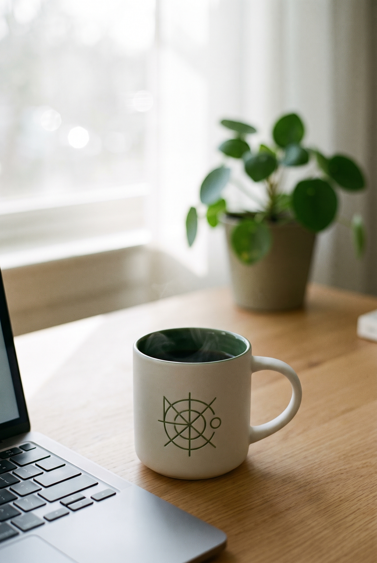 Weiße matte Tasse mit grüner Innenseite und grün graviertem Beispiel-Logo auf einem Schreibtisch neben einem Laptop