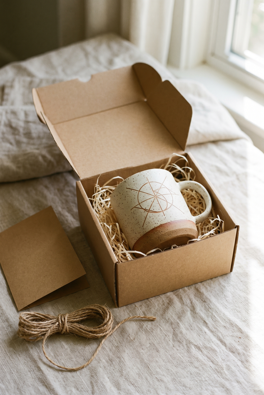 Gravierte Steingut-Tasse in Natural in einer Geschenkbox mit Holzwolle und Grußkarte
