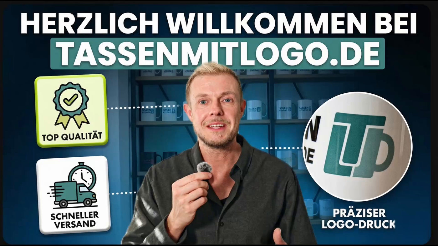 Vorschaubild des Vorstellungsvideos von Tassenmitlogo.de mit den Hinweisen Top Qualität, schneller Versand und präziser Logo-Druck