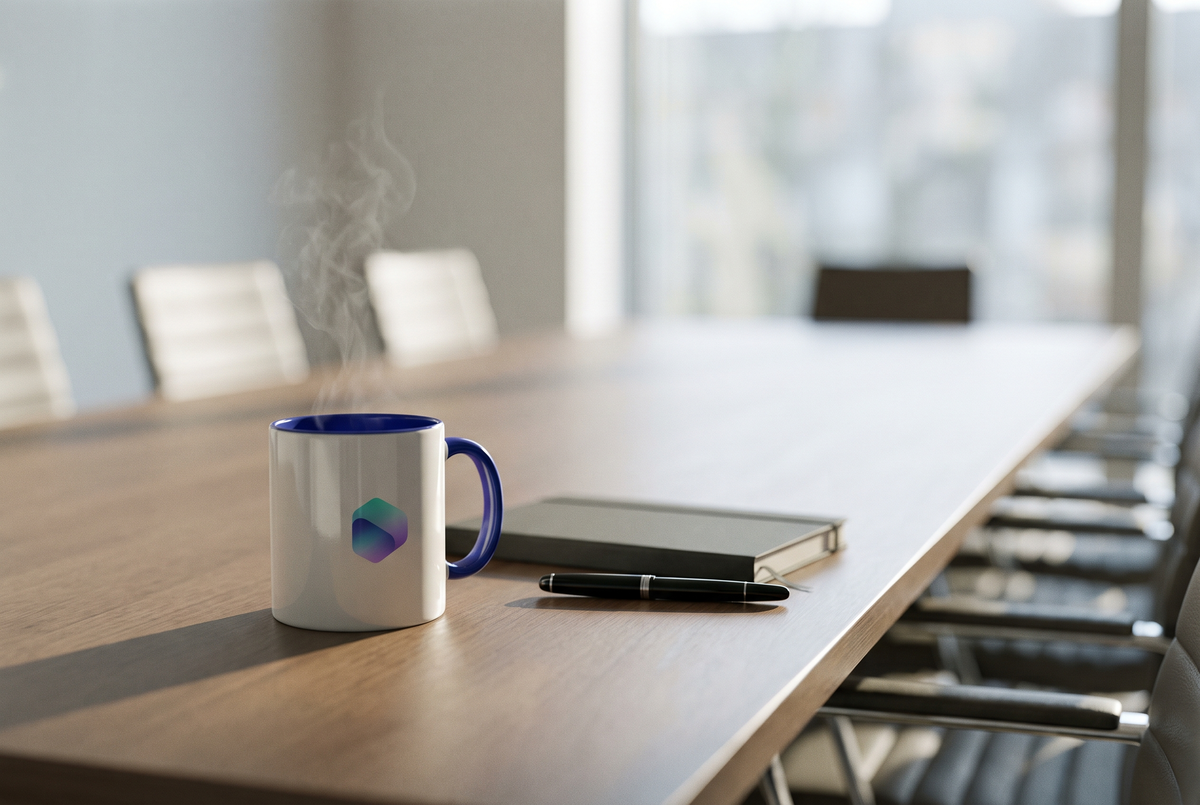 Weiße Tasse mit blauer Innenseite und Beispiel-Logo neben Notizbuch und Stift auf einem Konferenztisch
